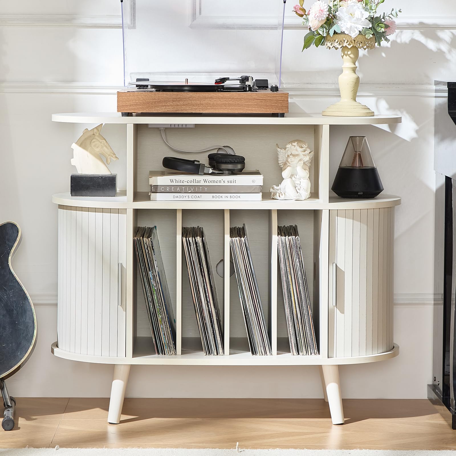 LELELINKY Large Round Record Player Stand with Charging Station & Fluted Panel, Blue Mid Century Modern Turntable Cabinet with Vinyl Storage, Arched Wood Record Player Table for Living Room