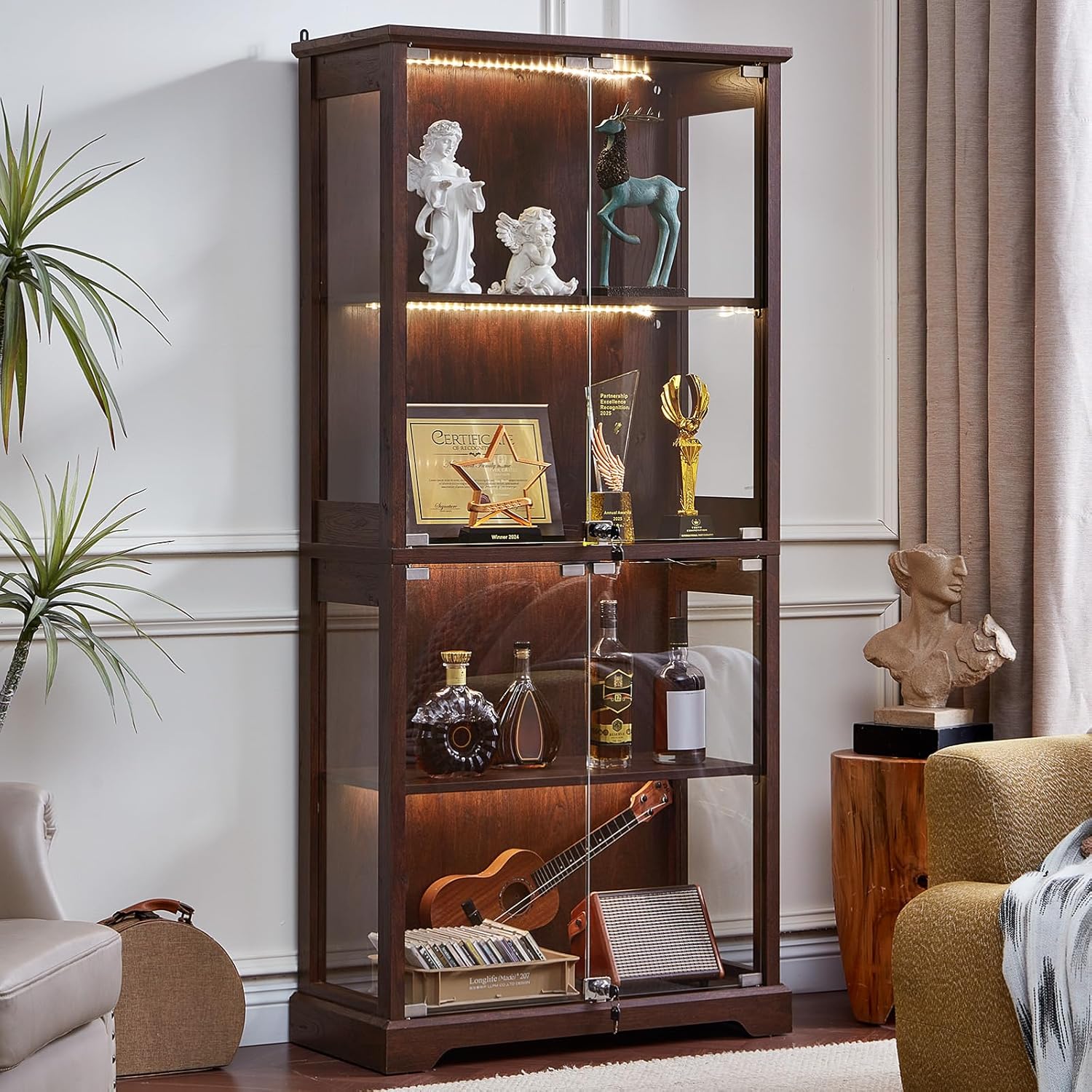 LELELINKY Farmhouse Display Cabinet with Glass Doors, Curio Cabinet with 3-Color LED Motion-Sensor Light, Walnut