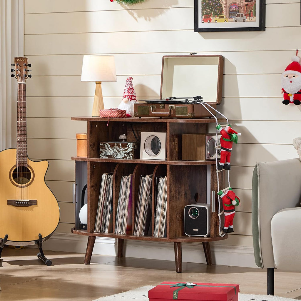 LELELINKY Large Arched Record Player Stand with Charging Station & Fluted Display Shelf,Mid Century Modern Turntable Cabinet with Vinyl Storage,Round Wood Record Player Table for Living Room,Brown