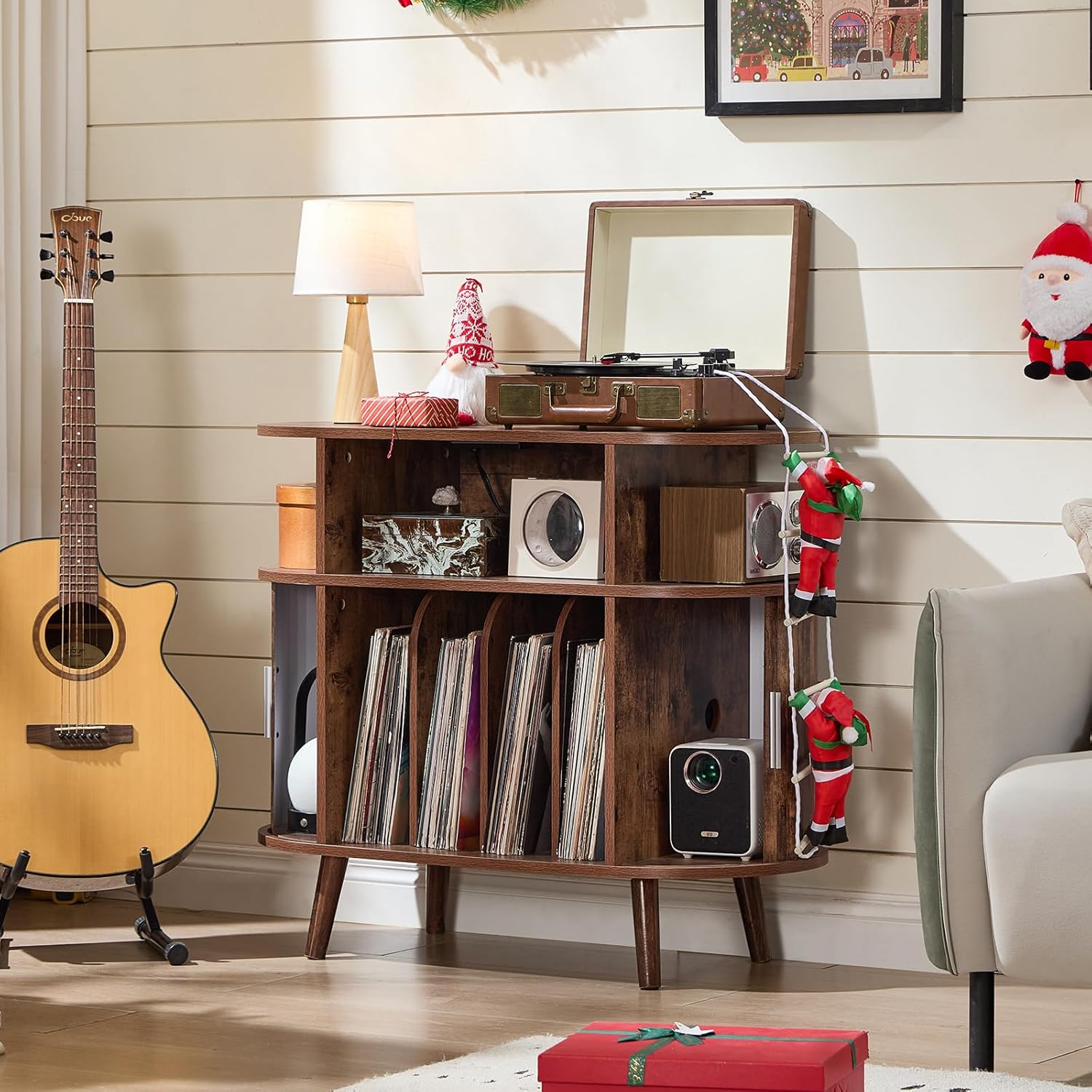 LELELINKY Large Arched Record Player Stand with Charging Station & Fluted Display Shelf,Mid Century Modern Turntable Cabinet with Vinyl Storage,Round Wood Record Player Table for Living Room,Brown