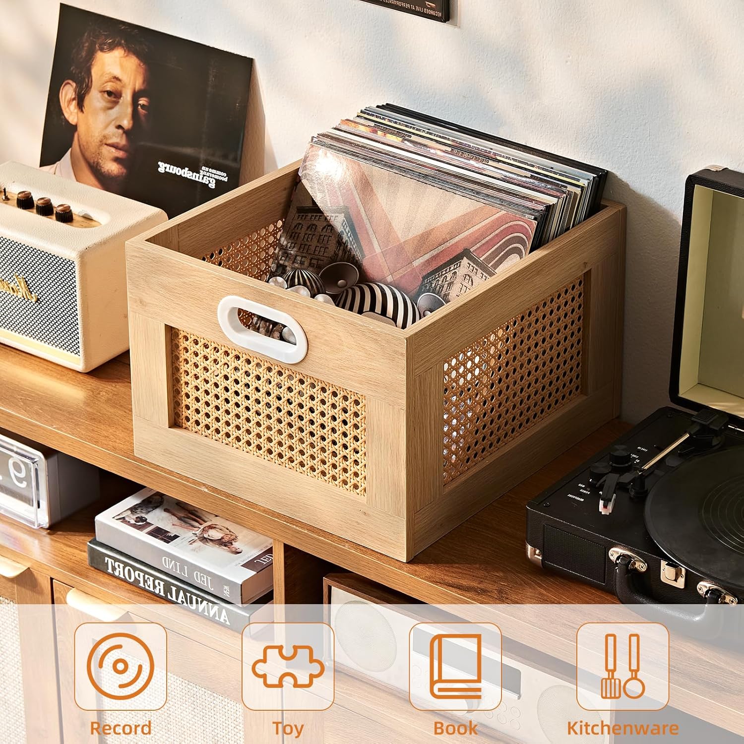 LELELINKY Vinyl Record Storage Crate, Rattan Wooden Record Crate for Vinyls, Vinyl Record Holder with Handle, Multifunctional Records Stand Holder Vinyls Organizer for 75 LPs, Natural
