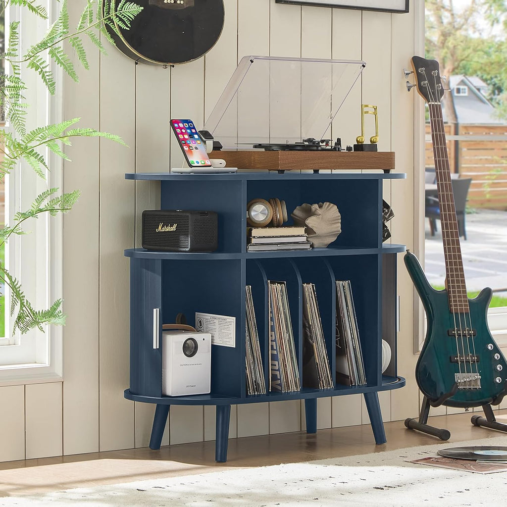 LELELINKY Large Round Record Player Stand with Charging Station & Fluted Display Shelf, Blue Mid Century Modern Turntable Cabinet with Vinyl Storage, Arched Wood Record Player Table for Living Room