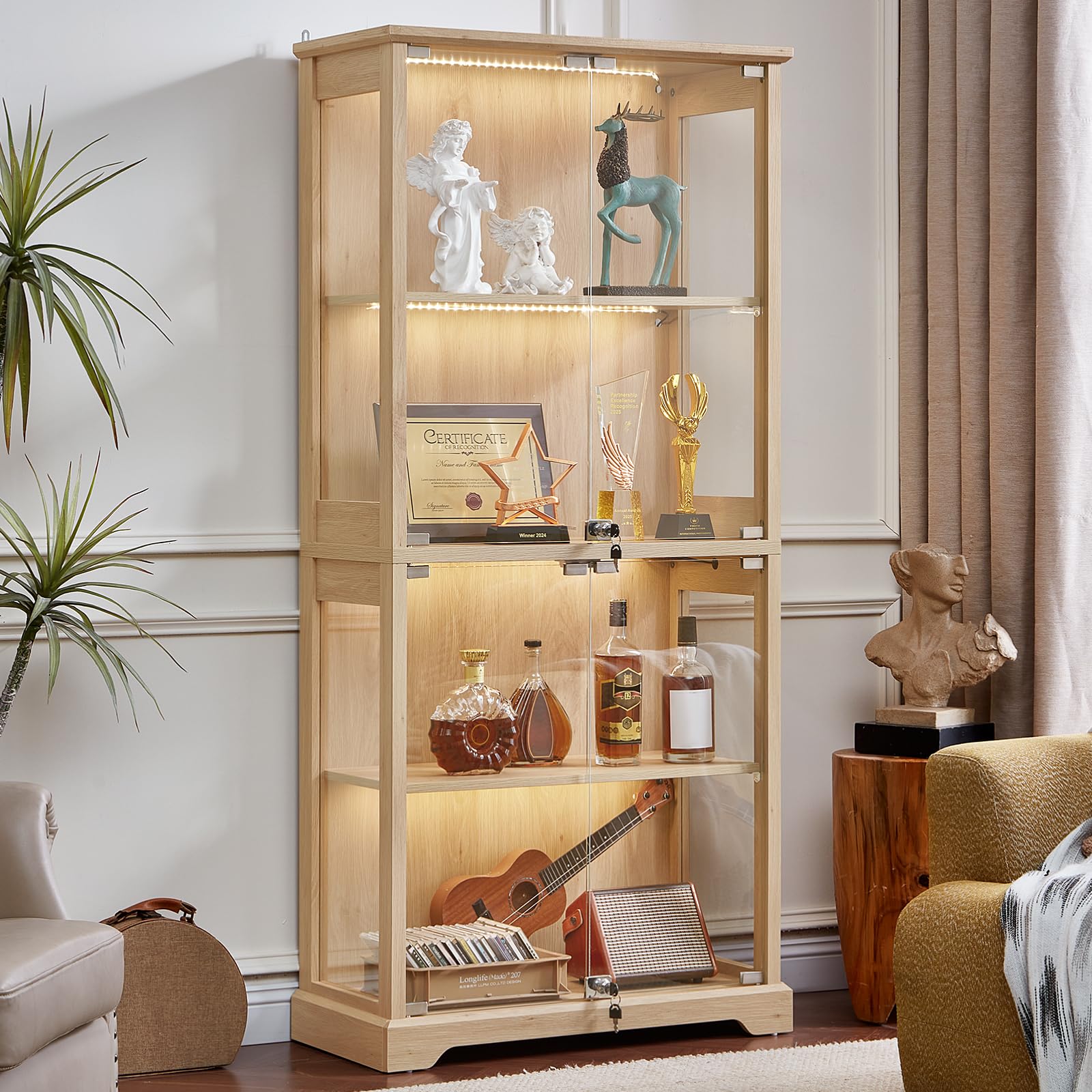 LELELINKY Farmhouse Display Cabinet with Glass Doors, Curio Cabinet with 3-Color LED Motion-Sensor Light, Walnut