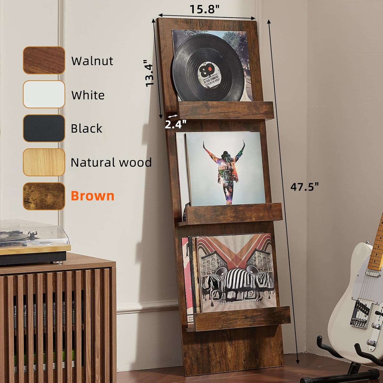 LELELINKY Wall-Leaning Vinyl Record Holder with 3 Tier Display Shelf, 47.5'' Tall Record Storage Magazine Holder, Vinlys Stand Holder Holds Up to 30 Vinyls Albums/CD for Living Room, Brown