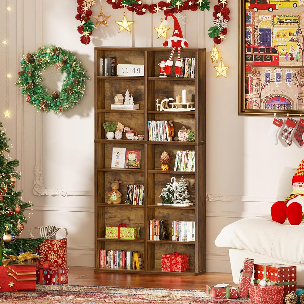 LELELINKY 7 Tier Tall Display Cabinet, Brown Media Storage Cabinet with Adjustable Shelves, Free Standing DVD Organizer Shelf, Floor Multimedia Storage Manga Bookshelf for Living Room & Home Office.