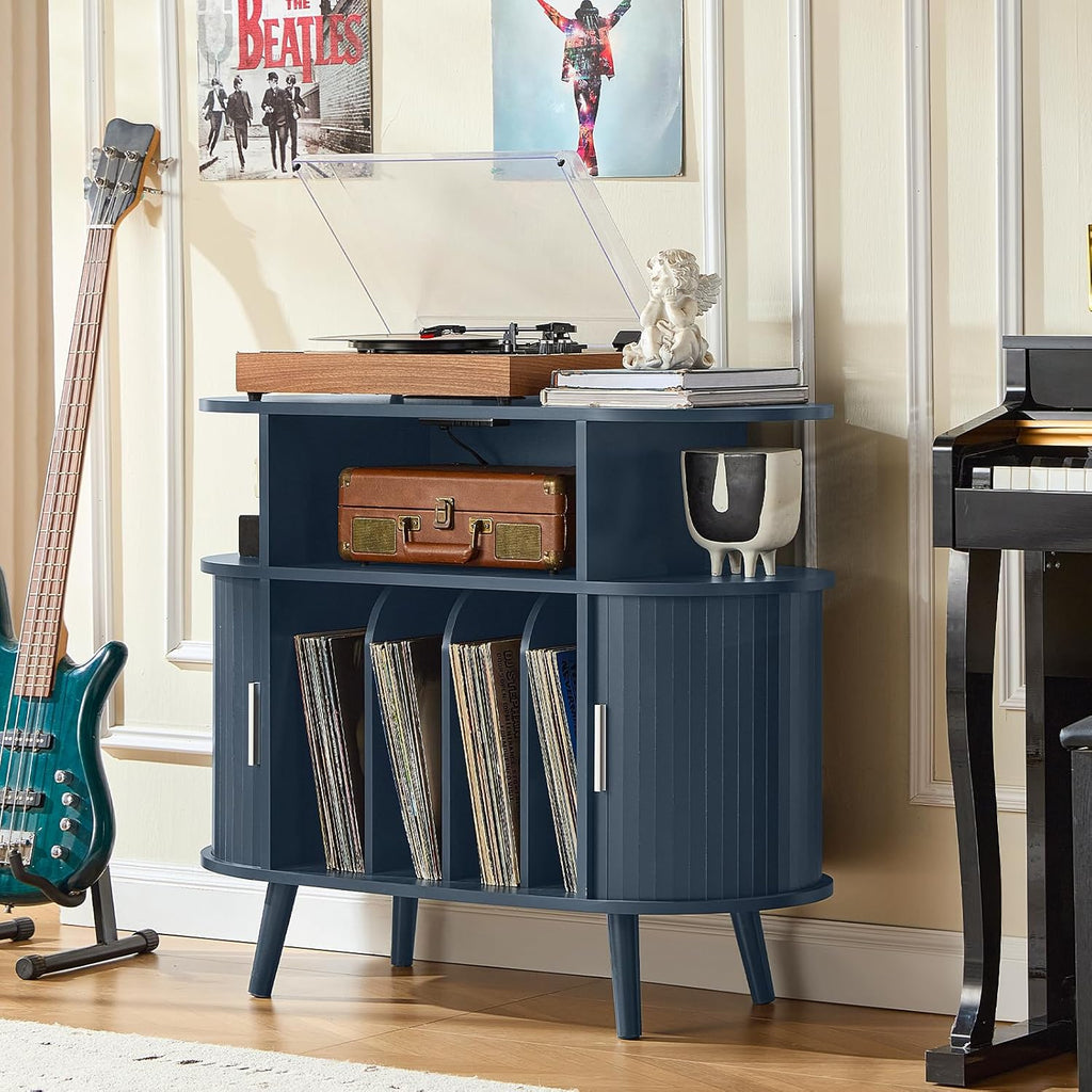 LELELINKY Large Round Record Player Stand with Charging Station & Fluted Display Shelf, Blue Mid Century Modern Turntable Cabinet with Vinyl Storage, Arched Wood Record Player Table for Living Room