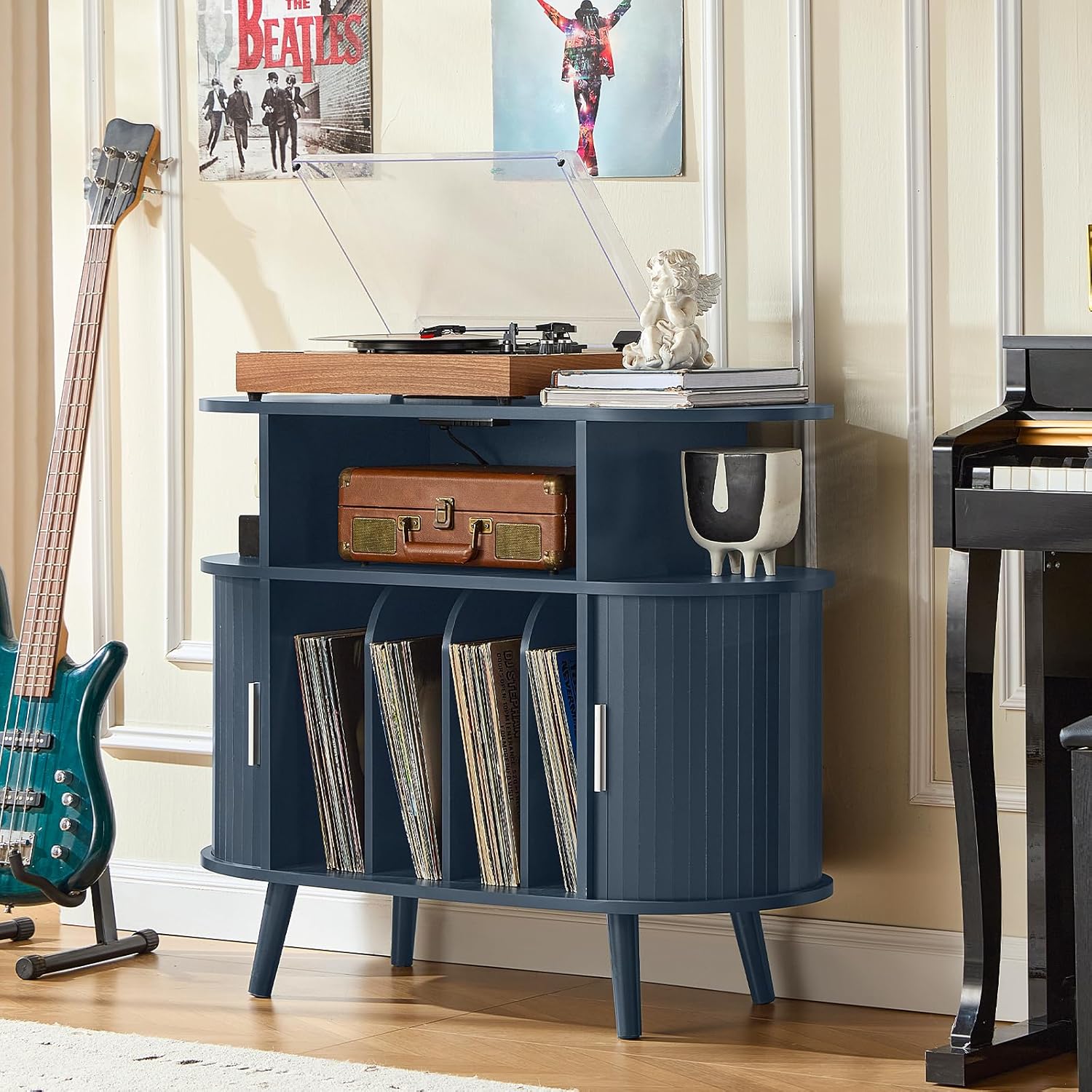 LELELINKY Large Round Record Player Stand with Charging Station & Fluted Display Shelf, Blue Mid Century Modern Turntable Cabinet with Vinyl Storage, Arched Wood Record Player Table for Living Room