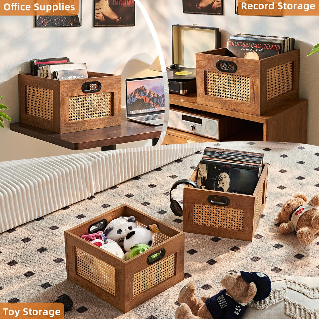 LELELINKY 2 Pack Vinyl Record Storage Crates, Rattan Vinyl Record Holder