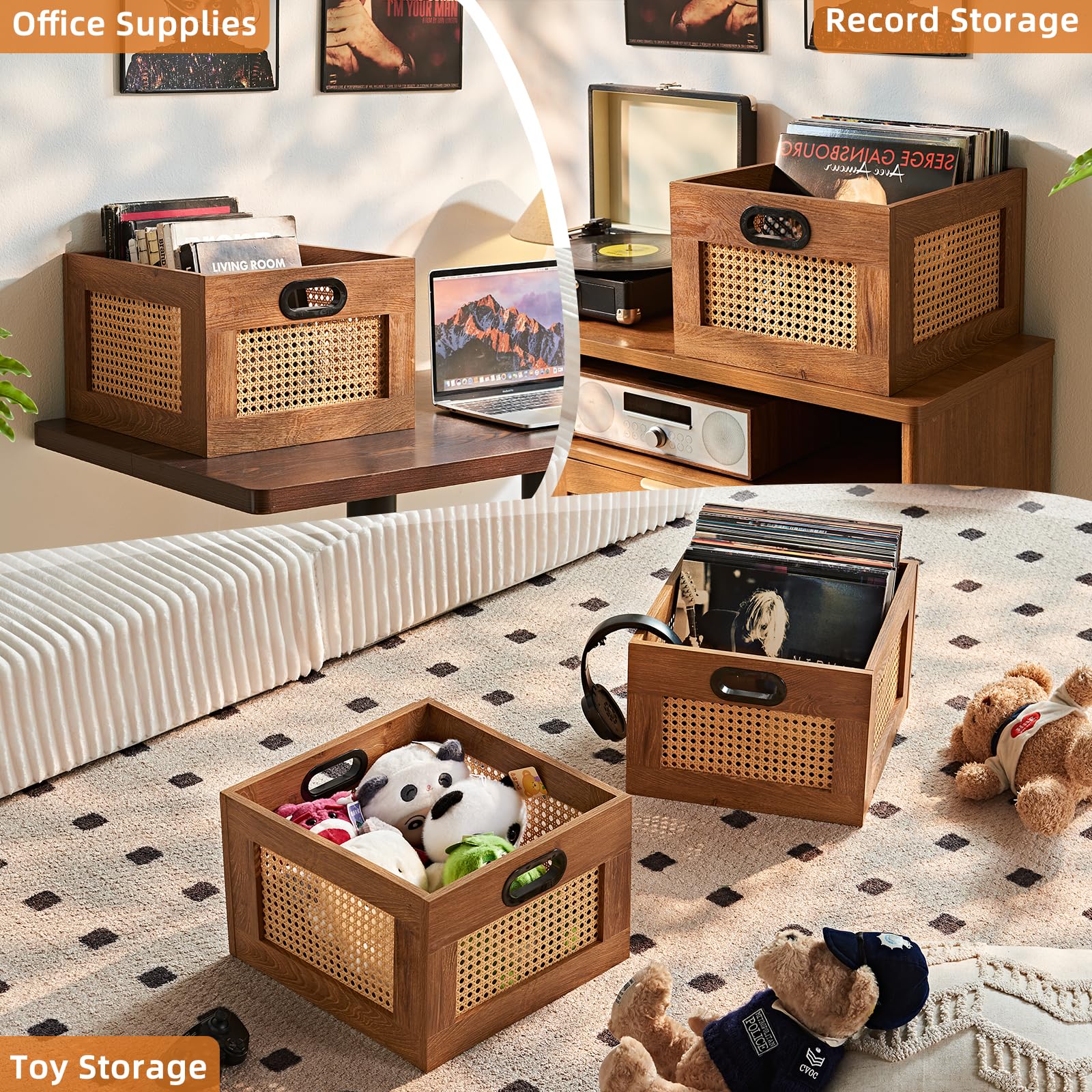 LELELINKY 2 Pack Vinyl Record Storage Crates, Rattan Vinyl Record Holder