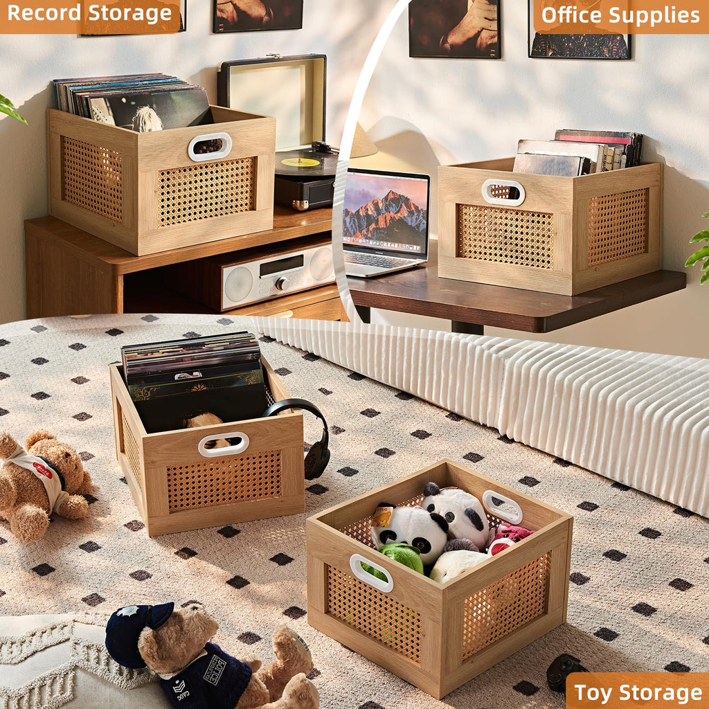 LELELINKY 2 Pack Vinyl Record Storage Crates, Rattan Vinyl Record Holder