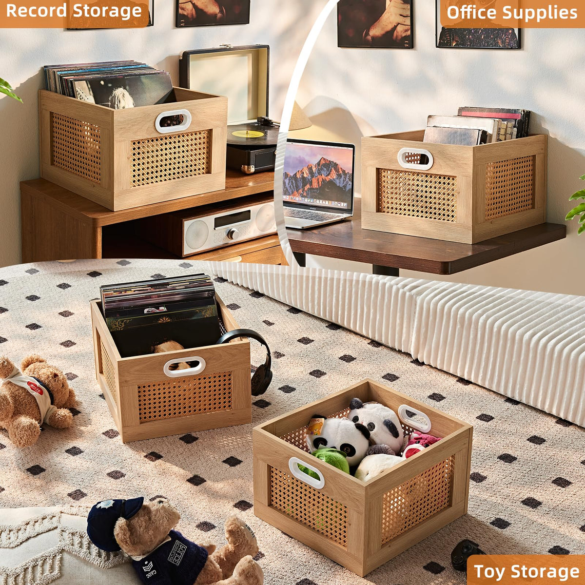 LELELINKY 2 Pack Vinyl Record Storage Crates, Rattan Vinyl Record Holder