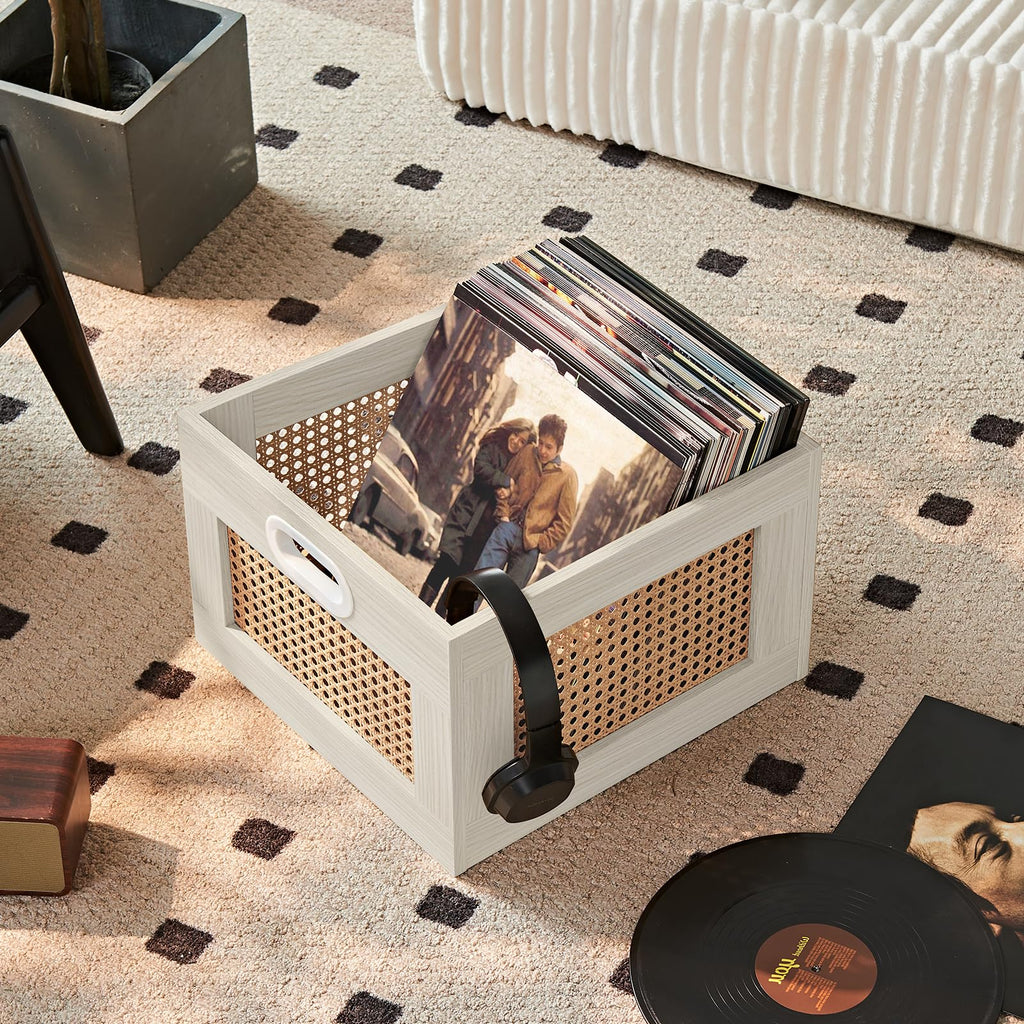 LELELINKY 2 Pack Vinyl Record Storage Crates, Rattan Vinyl Record Holder
