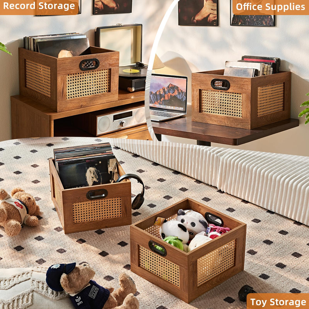 LELELINKY 2 Pack Vinyl Record Storage Crates, Rattan Vinyl Record Holder