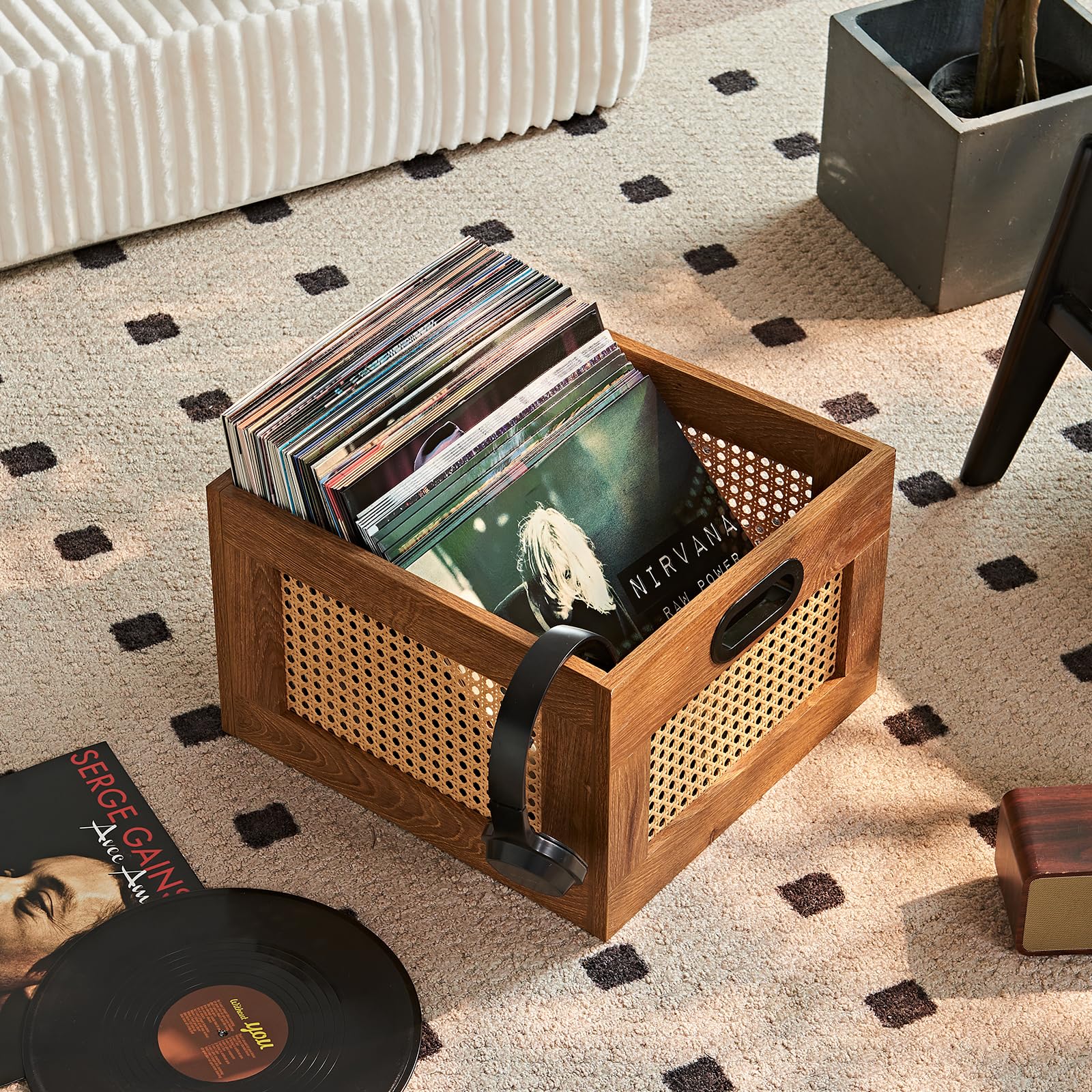 LELELINKY 2 Pack Vinyl Record Storage Crates, Rattan Vinyl Record Holder
