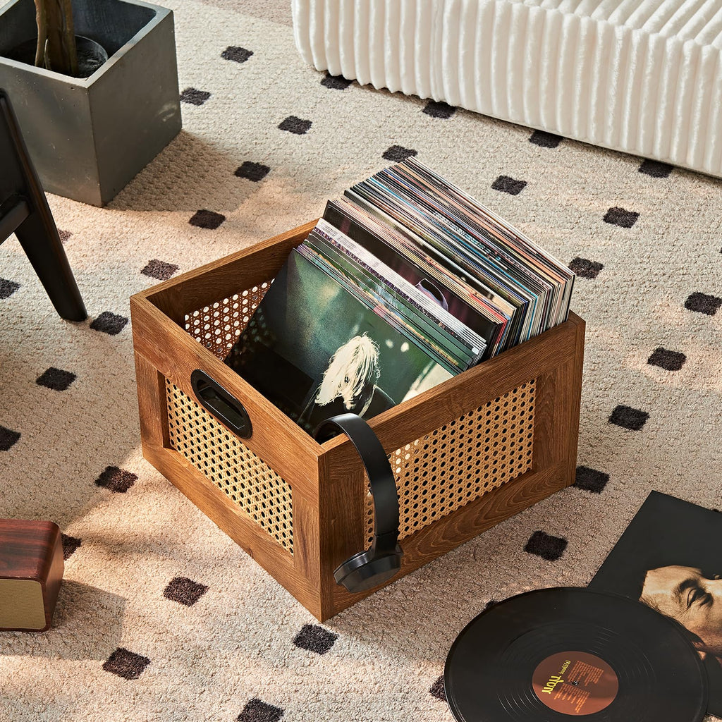 LELELINKY 2 Pack Vinyl Record Storage Crates, Rattan Vinyl Record Holder