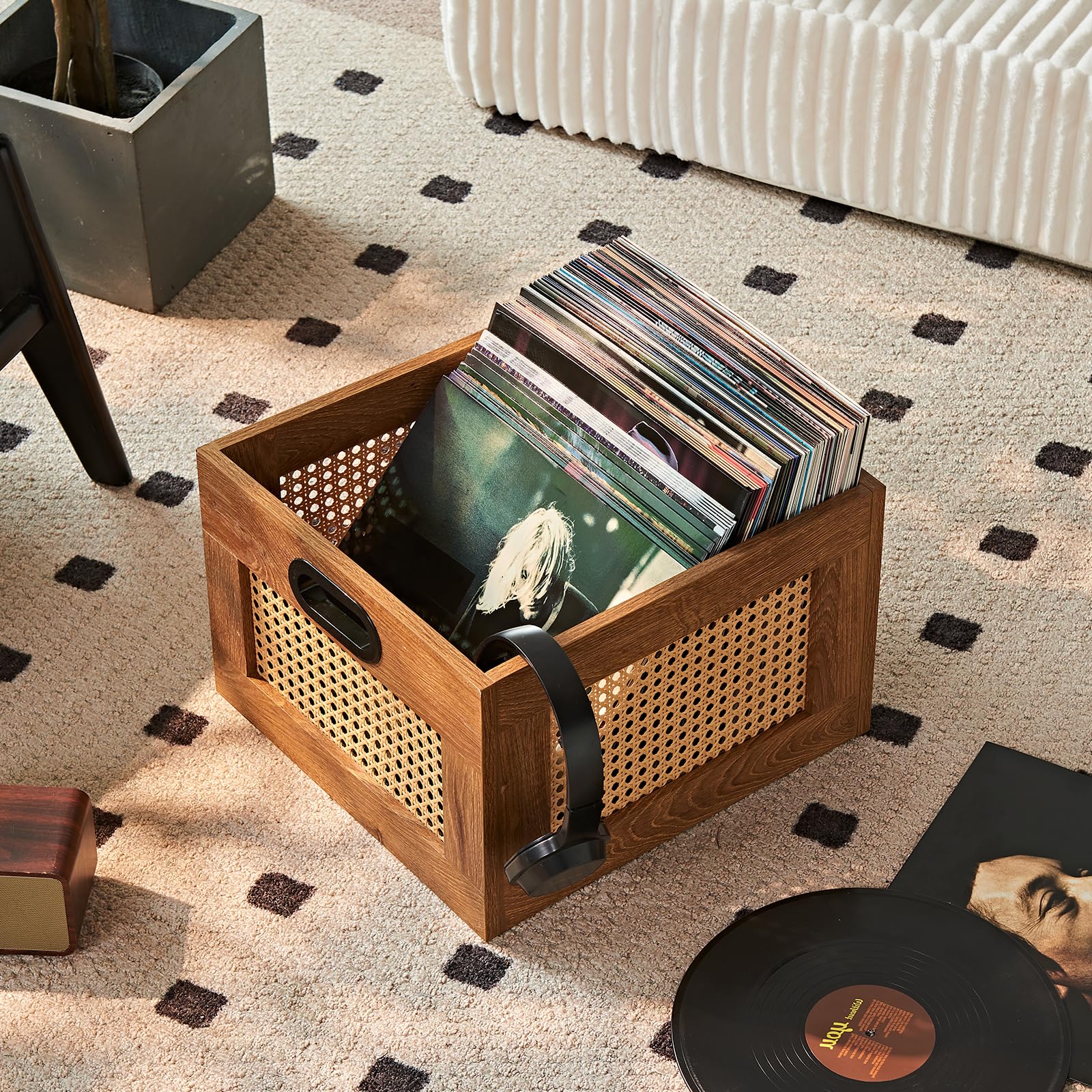 LELELINKY 2 Pack Vinyl Record Storage Crates, Rattan Vinyl Record Holder