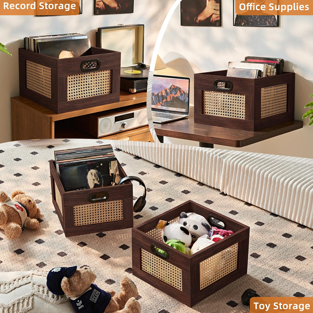 LELELINKY 2 Pack Vinyl Record Storage Crates, Rattan Vinyl Record Holder