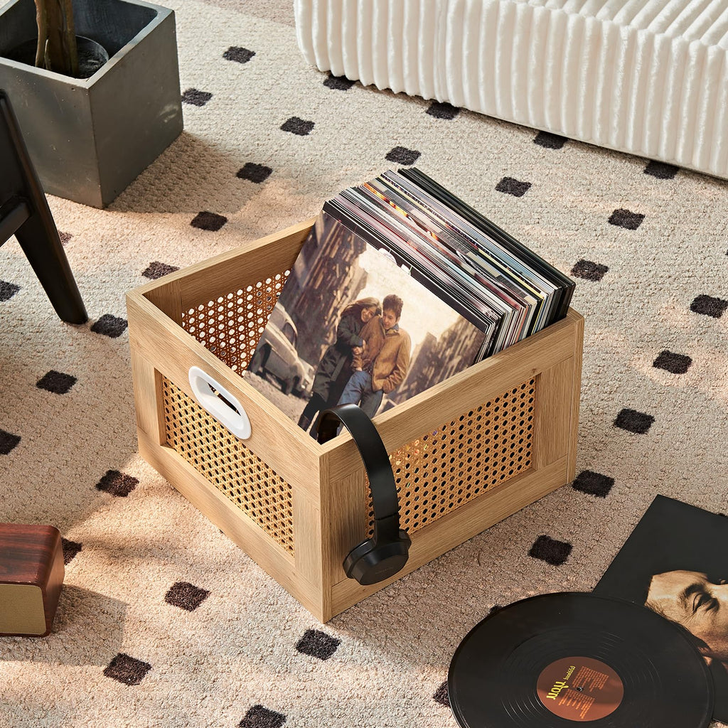 LELELINKY 2 Pack Vinyl Record Storage Crates, Rattan Vinyl Record Holder